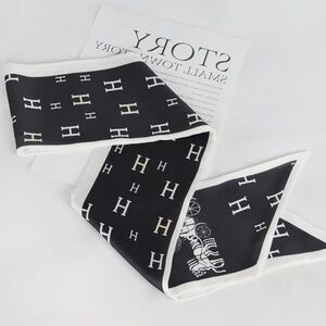 Black and White Luxury Silky Twilly Scarf w/ H Pattern Horse Carriage Expensive